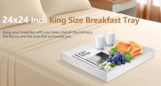 Extra Large Glossy White Acrylic Serving Tray with Handles-King Size Spill Proof-for Ottoman,Coffee Table, Breakfast, Tea, Food, Butler -Safe Edge Organizer-24x24x2H Inch