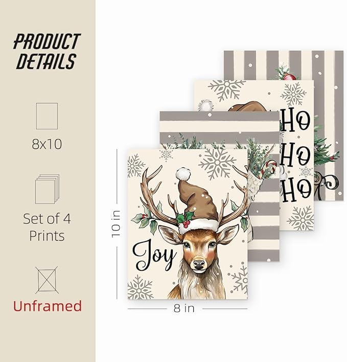 ETVISO Christmas Decor, Christmas Deer Wall Art Prints Set of 4, Retro Xmas Poster, Winter Holidays Gift Print Decor for Gallery Living Room Bathroom, 8x10 (Unframed)