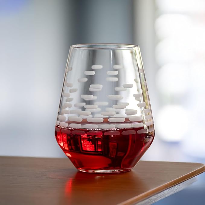 Rolf Glass Strata Stemless Wine Tumbler | Made in America | 18oz Stemless Wine Glass | Diamond Engraved Crystal Glass | Geometric Brick Design | Set of 2