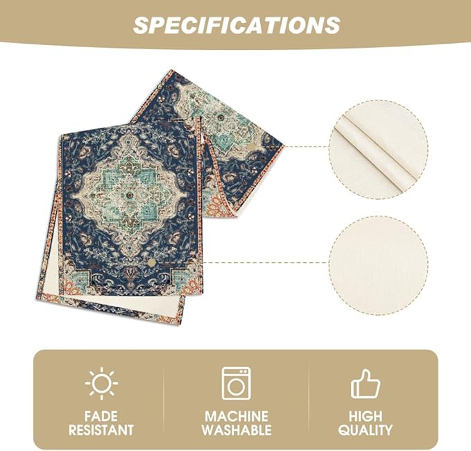 Artoid Mode Boho Bohemia Style Blue Table Runner, Country Rustic Farmhouse Magical Winter Kitchen Dining Table Decoration for Home Party Decor 13x72 Inch