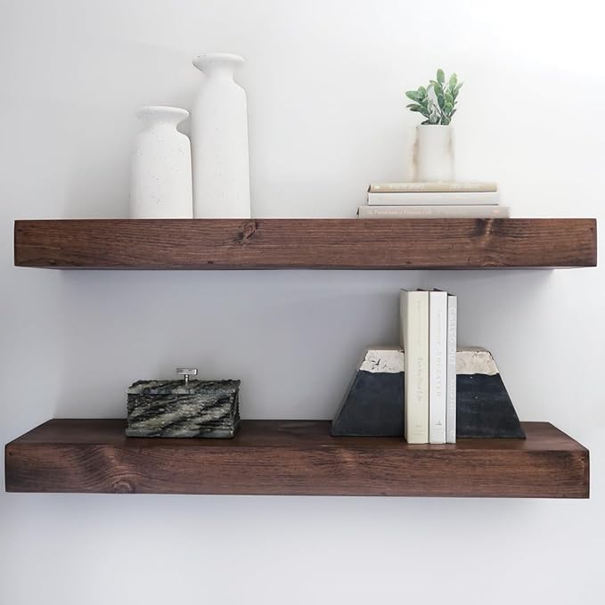 Urbandi Modern Floating Shelves 3 Inches Thick for Wall, Wide Shelves for Kitchen, Living Room, Bedroom, and Bathroom, Natural Pine Wood, Rustic Wooden Shelf, (Set of 2) (Provincial, 48Lx3Hx6D)