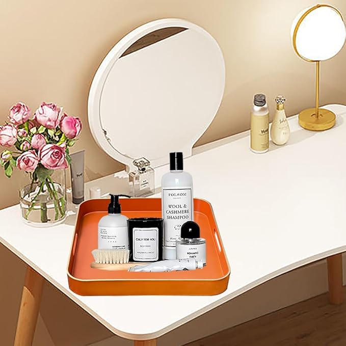 Serving Tray with Gold Trimming, Square Decorative Serving Trays with Handles, Coffee Table Tray Plastic Tray for Ottoman Living Room, Bathroom,Home Decor 13" L x 13" W x 1.57" H(Orange)