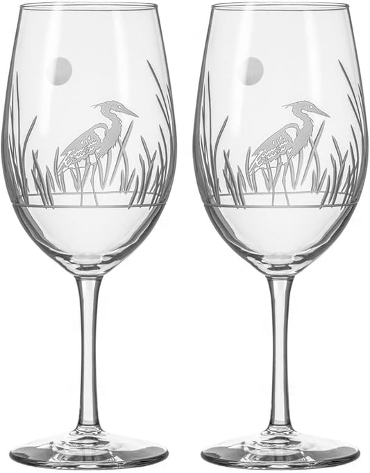 Rolf Glass Heron All Purpose Wine Glass | 18oz Set of 2 Large Wine Glasses | Lead-Free and Diamond-Wheel Engraved | Designed and Engraved in the USA | Coastal Bird Design