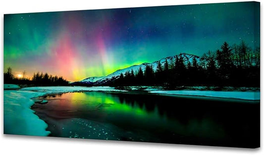 S01962 Wall Art Aurora scenery Painting on Canvas Stretched and Framed Canvas Paintings Ready to Hang for Home Decorations Wall Decor