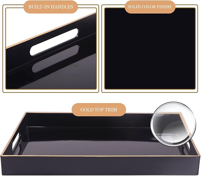 MAONAME Black Serving Tray with Handles, Rectangular Decorative Tray, Modern Coffee Table Trays, Plastic Ottoman Trays for Bathroom, Decor, 15.7” x 11.8” x 1.57"