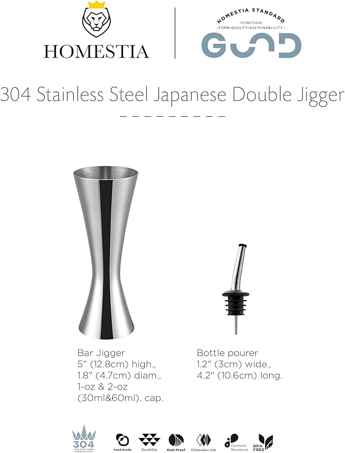 Homestia Jigger for Bartending with 1 Pourer, Stainless Steel Double Jigger Premium Japanese Style Slim Measuring 1 oz 2oz Jigger with Measurements Inside Cocktail Bar Tools for Bartender