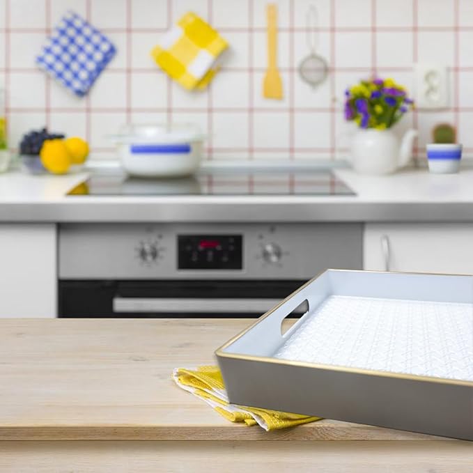 White Decorative Coffee Table Tray, Rectangular Plastic Serving Tray with Handles for Living Room, Ottoman, Bathroom, 15.7"*10.2"