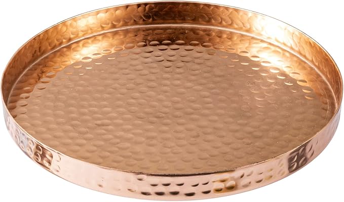 MyGift 11 Inch Deluxe Hammered Copper Round Decorative Tray - Aluminum Plated Serving Display Platter and Vanity Tray - Handcrafted in India