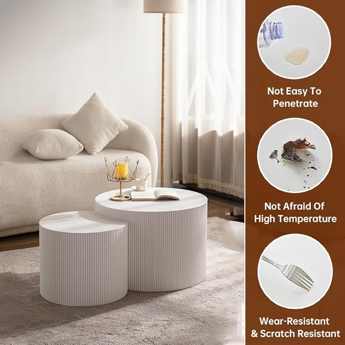 Round Nesting Coffee Table Set of 2 Modern White Fluted Coffee Table Small Round End Table Crescent Side Table Circular Coffee Tables Nested Coffee Tables for Living Room (Cream Small)