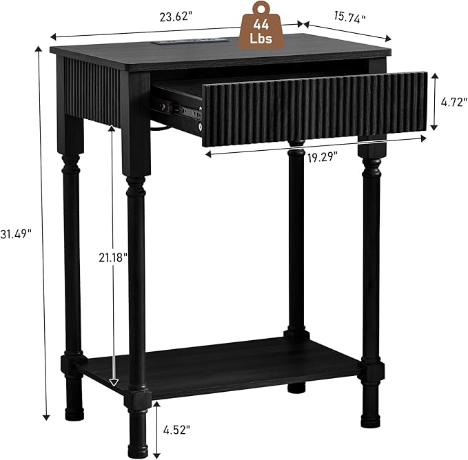 23.6” Large End Table with Charging Station, Modern Farmhouse Side Table Sofa Tables with Fluted Drawer, Wooden Bedside Table Night Stand for Bedroom Living Room Home Office, Black