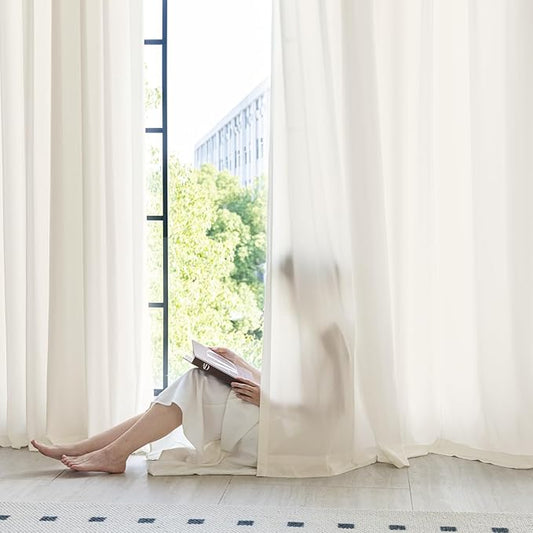 Non-See-Through Beige Privacy Semi Sheer Curtains That Let Light in 63 Inches Long Light Filtering Sheer Window Curtains Drapes for Living Room Bedroom 2 Panels Set Beige