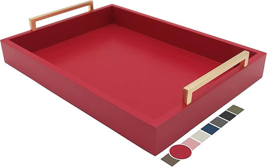Decorative Coffee Table Tray - Ottoman Tray - Breakfast, Drinks, Liquor Serving Tray - from Farmhouse to Modern - Matte Finish - Champagne Gold Handles - Crimson Red