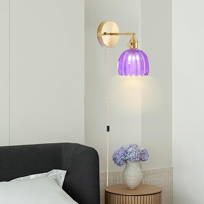 Plug in Wall Sconce, Vintage Sconce Light with Tulip Purple Glass Lampshade, 180° Adjustable Wall Sconce with Switch and Plug in Wall Lamp Cord, Gold Wall Light for Bedroom Bedside