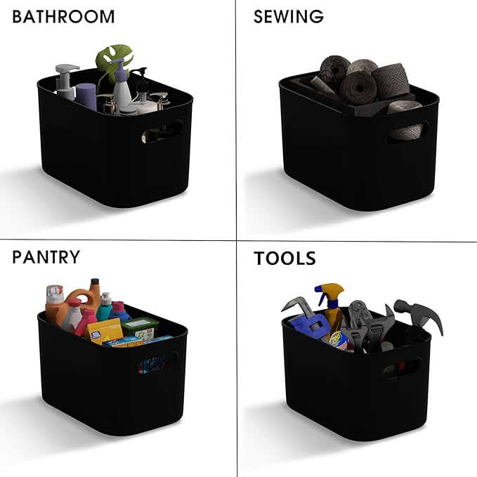 10 Pack Black Plastic Storage Bins, Storage Container for Organizing, Storage Boxes with Handle for Shelves, Cute Organizer Bins for Craft, Snacks, Pantry, Cabinet, 9.69x6.7x5.7 inch