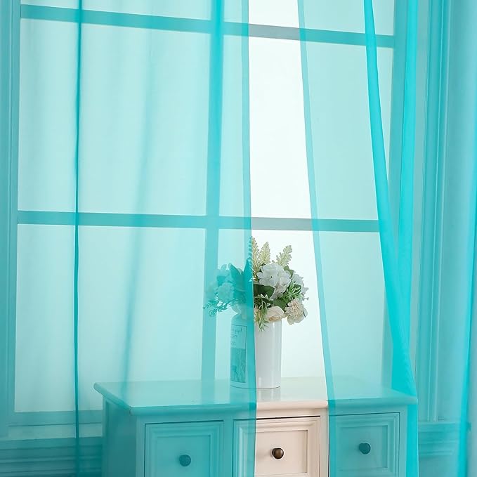 Aiyufeng Turquoise Sheer Curtains 96 Inches Long 2 Panels Set, Light Filtering Soft Airy Voile Rod Pocket Turquoise Sheer Window Drapes for Bedroom Living Room, Each 42Wx96L Inches