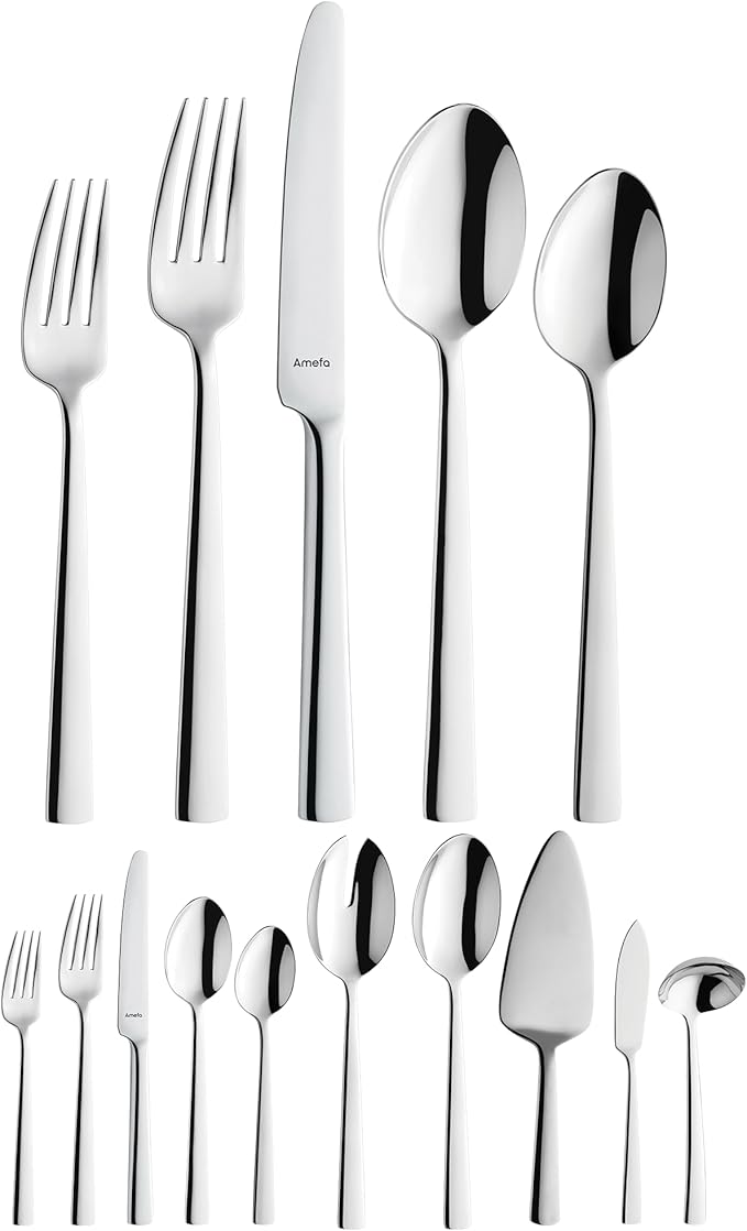 Amefa 45-Piece Silverware Flatware Cutlery Set Service for 8, Durable 18/10 Stainless Steel High Gloss Mirror Finish, tableware in Ergonomic Design Size and Weight, Dishwasher Safe (Moderno)