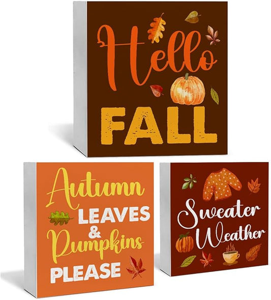 3 Pcs Hello Fall Wood Signs Decor Autumn Wood Block Signs Farmhouse Fall Pumpkins Leaves Pumpkin Please Wooden Box Signs Home Decorations for Kitchen Tiered Tray Desk Table Shelf