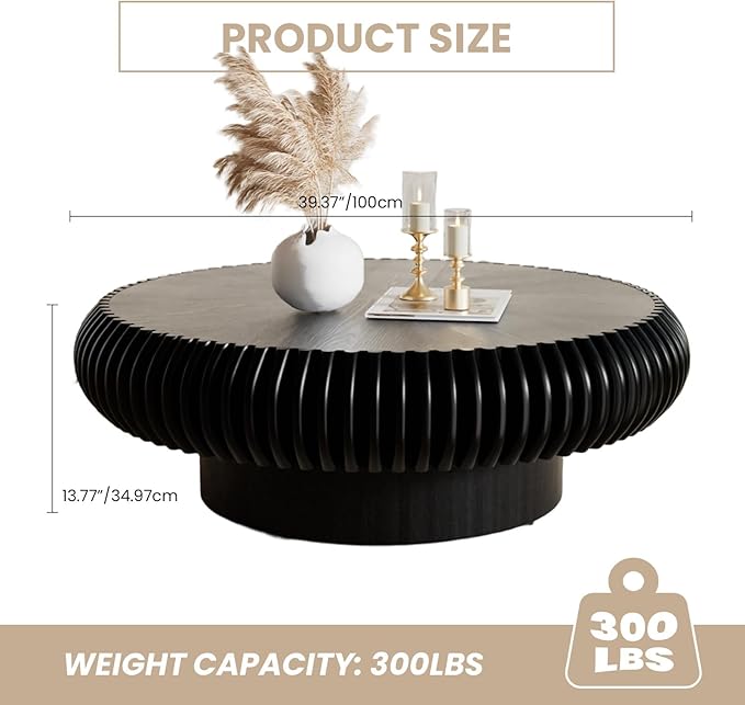 Fluted Drum Coffee Table Round Coffee Table for Living Room Mid Century Modern Coffee Tables with Sturdy Pedestal Circle Center Tea Table Accent Tea Table for Small Space Apartment (39.4inch Black)