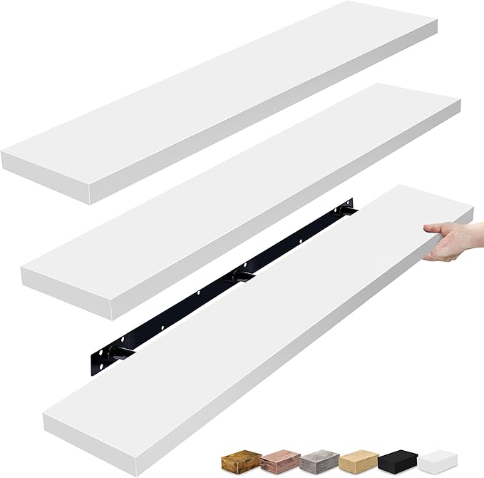 Sorbus Floating Shelves for Wall - 55 Inch Extra-Long Bathroom Shelves, Wall Decor for Bedroom, Kitchen, Living Room, Book Storage - Mounted Floating Shelf with Hidden Brackets (White, 3 Pack)