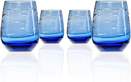 Rolf Glass School of Fish Blue Stemless Wine Glass | Set of 4 Stemless Glasses | 15oz Limited Edition Blue Glass Tumblers | Engraved Lead-Free Coastal Glassware | Made in the USA