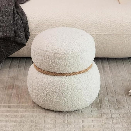 Snowman Footstool Ottoman Teddy Vanity Stool Small Upholstered Boucle Ottoman Shoe Stool Cute Stool Sofa Footrest Stool for Living Room Bedroom Entrance (White)