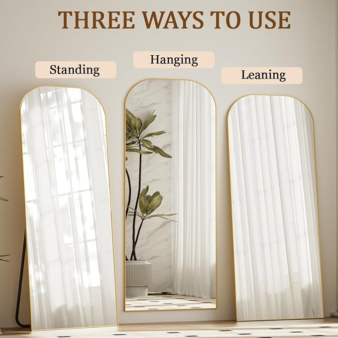 Koonmi Full Length Mirror, 71"x26" Mirror Full Length with Stand, Gold Domed Top Square-Edged Floor Mirror with Aluminum Alloy Frame for Bedroom Living Room