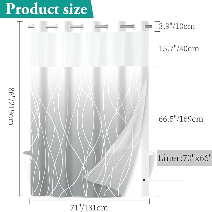 No Hook Ombre Light Grey Striped Long Shower Curtain with Snap in Fabric Liner Set - Hotel Shower Curtain and Liner Set with See Through Mesh Top Window,Machine Washable, 71x86 INCH