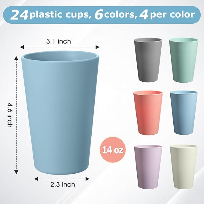 24 Pcs Unbreakable Plastic Cups Set, 14 oz Reusable Plastic Cups, Stackable Water Tumblers, Drinking Cup for Kitchen, Outdoor, BPA-free, Dishwasher Refrigerator and Microwave Safe (14 oz, 6 Colors)