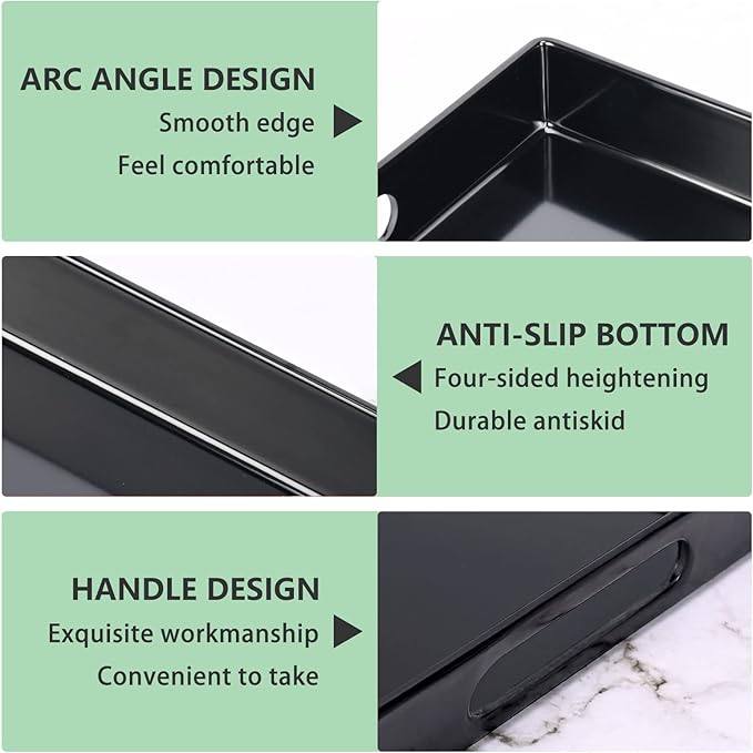 Serving Tray with Handles-10x15Inch Black Melamine Modern Serving Platters,Serving Wine,Coffee,Breakfast/Kitchen Countertop Tray/Makeup Drawer Organizer/Vanity Table Tray/Decorative Tray