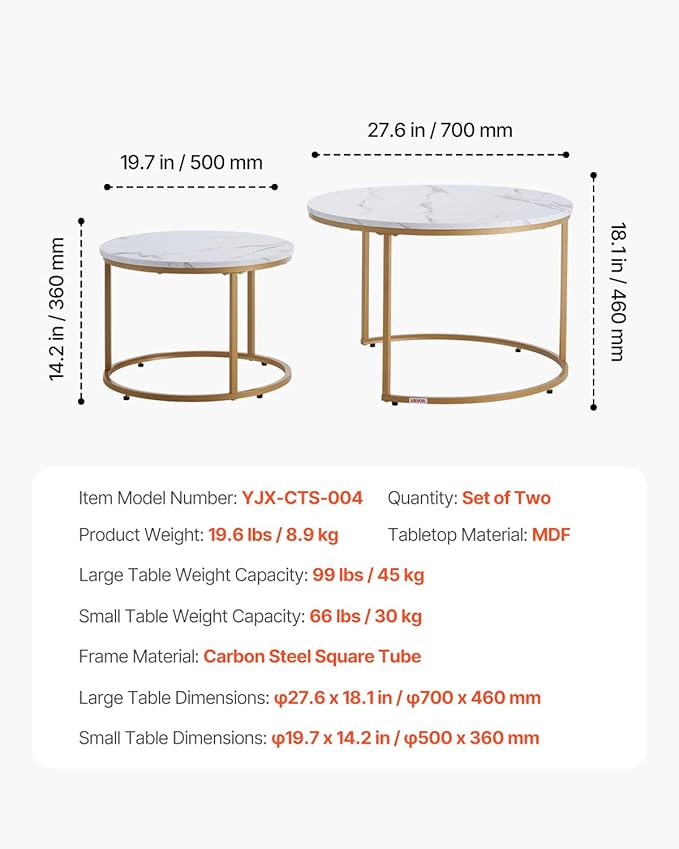 VEVOR Nesting Tables, Coffee Table Set of 2, 27.6 inch Round Coffee Table, Small Coffee Tables Night Stand with Metal Frame, for Living Room, Bedroom, Office (White & Gold)