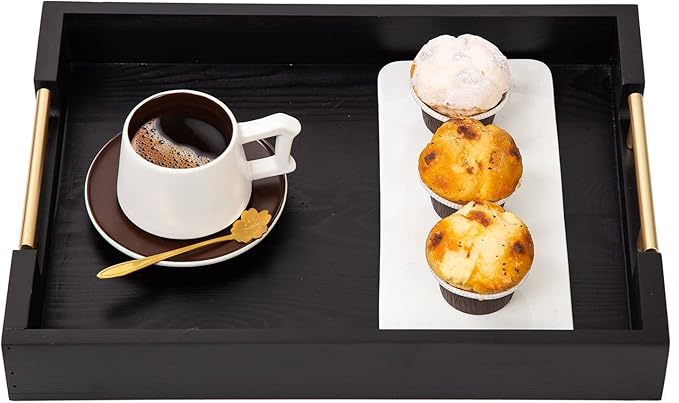 Decorative Coffee Table Ottoman Trays Modern Wood Elegant 16"x12" Rectangle Glossy Shagreen Serving Trays with Gold Metal Handles -Drinks, Liquor Serving Platter for All Occasion's(Black)