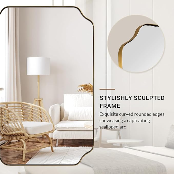 ANDY STAR 26"x38" Gold Mirror, Brushed Brass Scalloped Wall Mirror, Unique Rectangle Mirror, Bathroom Mirror in Anti-Rust Stainless Steel Metal Frame, 1’’ Deep Wall-Mounted Vertically/Horizontally