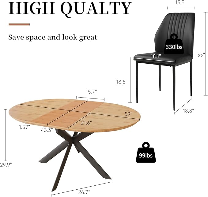 43.2"-59.1" Extendable Round Dining Table Set, Wooden Round Table for 4-6 Person, Oak Coffee Table w/Scratch-Resistant Tabletop