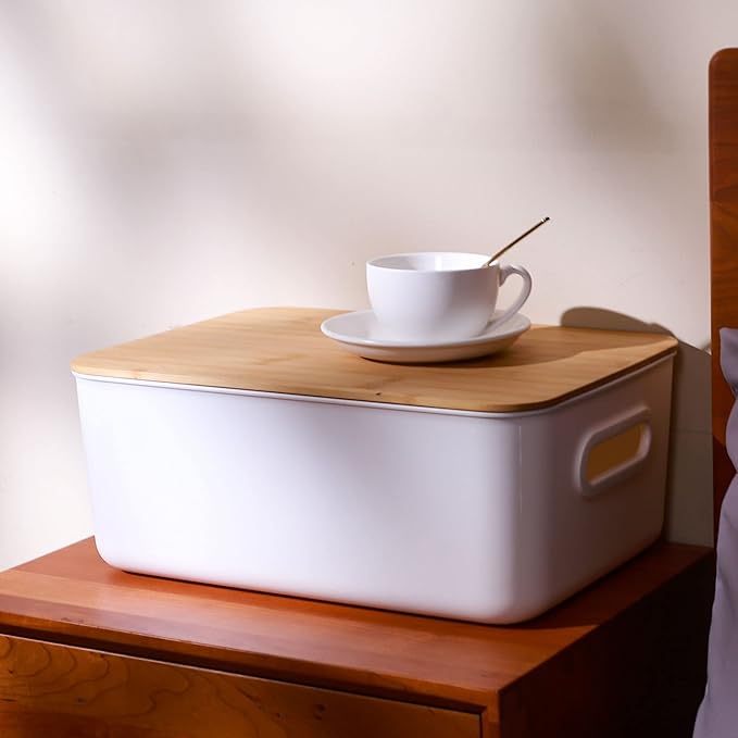 Citylife 2 PCS Storage Bins with Bamboo Lids Plastic Storage Containers for Organizing Stackable Storage Box with Handle, 15.12 x 10.67 x 5.98 inch