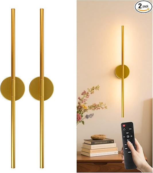 Battery Operated Wall Sconces Set of 2, Detachable Wireless Wall Lamps 360°Rotate, 10000mAh Rechargeable Wall Lights for Bedroom, Living Room，3000-6500K Dimmable, 28 Inch Gold