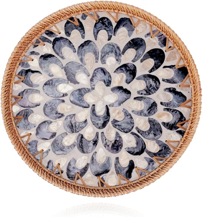 Shellac Rattan Tray with Mother of Pearl Inlay, Round Decorative Serving Tray for Home Décor Coffee Table Storage and Display, 100% Natural Materials - Ottoman Tray Black 13.5"