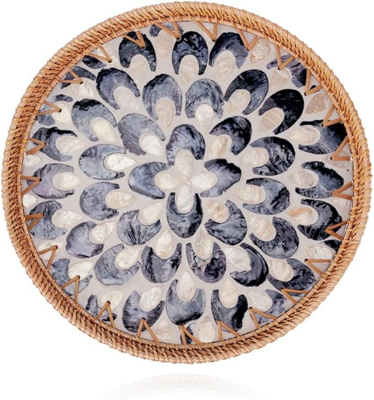 Shellac Rattan Tray with Mother of Pearl Inlay, Round Decorative Serving Tray for Home Décor Coffee Table Storage and Display, 100% Natural Materials - Ottoman Tray Black 13.5"