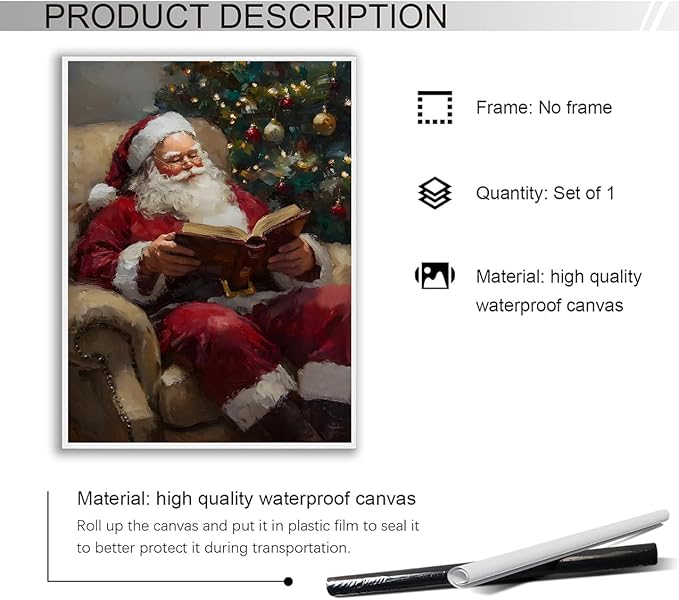 Santa Reading Book Posters Christmas Canvas Print Wall Art Christmas Winter Wall Art Santa Claus Print Holiday Decor 11x14 Unframed