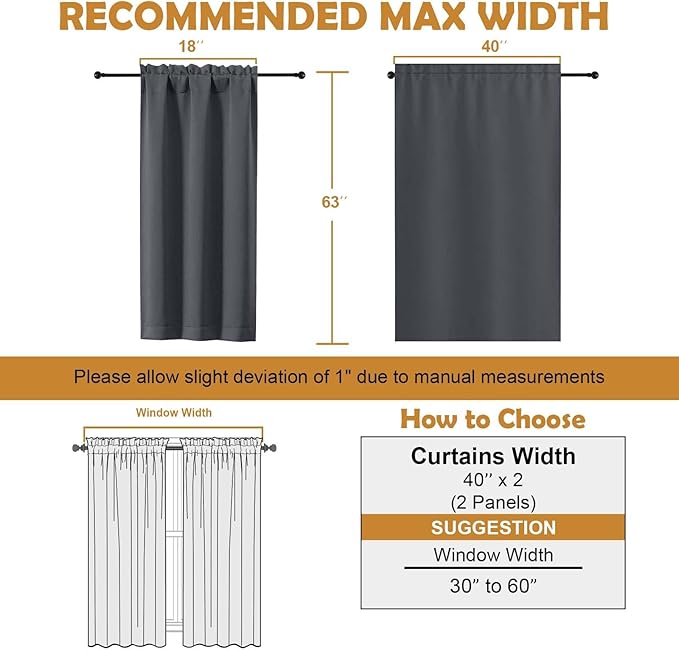 Aiyufeng Grey Blackout Curtains for Bedroom 63 Inch Length 2 Panels Set, Solid Thermal Insulated Energy Saving Rod Pocket Window Treatment Curtains Blackout Drapes, W40 x L63 Inch, Grey