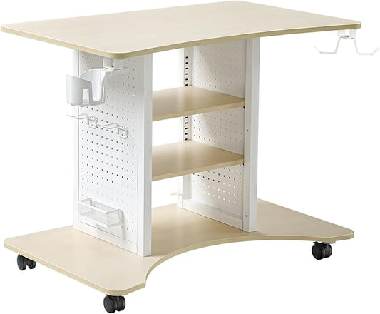 EUREKA ERGONOMIC Gaming Desk Computer, 37" Rolling Desk on Wheels for Small Space, Mobile Computer Cart with Pegboards Adjustable Shelves for Gaming PS Switch, Craft Station, Home Office - Maple