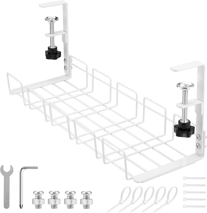 Under Desk Cable Management Tray, 15.7'' Metal Wire Organizer with Clamp, No Drill Desk Cord Rack for Cable Management, Computer Wire Organizer for Office and Home, Sturdy & Scratch-Free