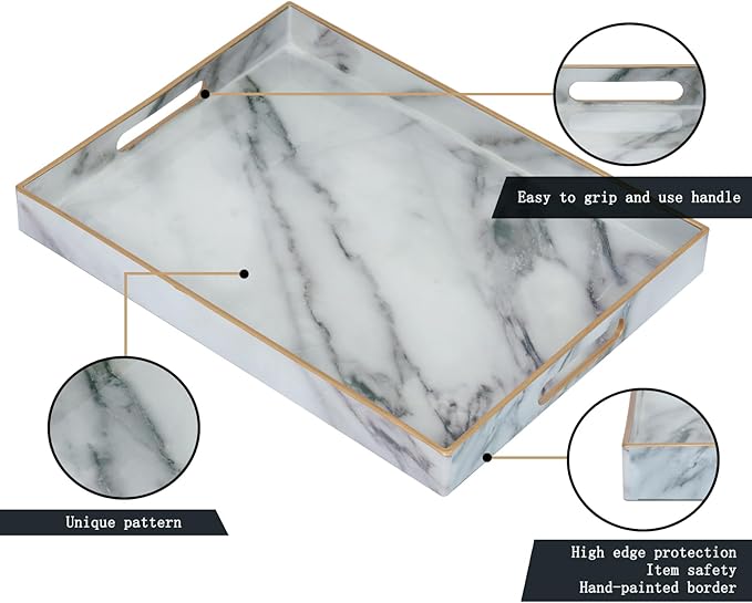 Serving Tray, Marble Plastic Food Trays for Eating on Lap Decor Coffee Tray with Handles Rectangular Non-Slip Candle Plate, 15.7"x11.8"x1.6" Large Drinks Platter for Kitchen/Living Room/Bedroom