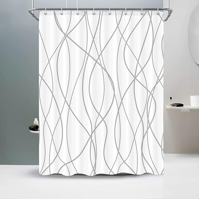 Punkray Grey and White Striped Polyester Shower Curtain for Bathroom with Hooks, Weighted Hem Water Repellent Washable, 60 x 72