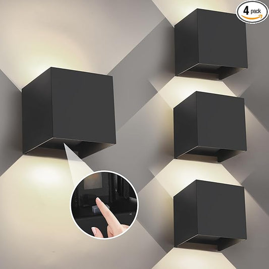 Outdoor Wall Sconce Lighting and Indoor Wall Light,15W Matte Black Square Outdoor Sconces,3 Color Temperature and Adjustable Beam for Garage,Entryway,Porch,Hallway,Living room Sconce(4.33-Inch 4 Pack)