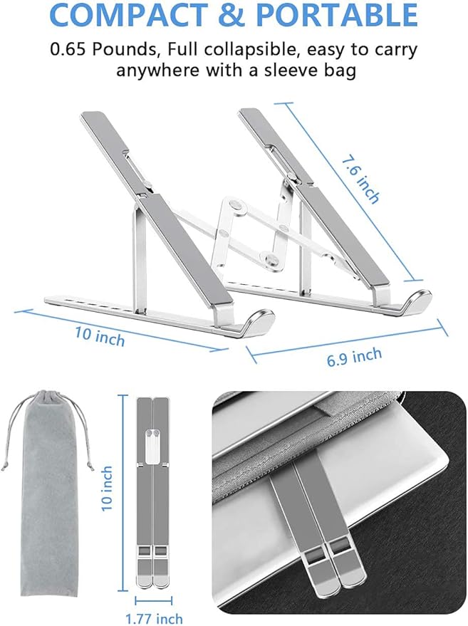 Laptop Stand, Adjustable Aluminum Foldable Portable Holder, Upgrade Whole Anti-Slip Silicone Pad, Laptop Riser for Desk Compatible with MacBook Air Pro/iPad, Lenovo and More 10-15.6” Tablets