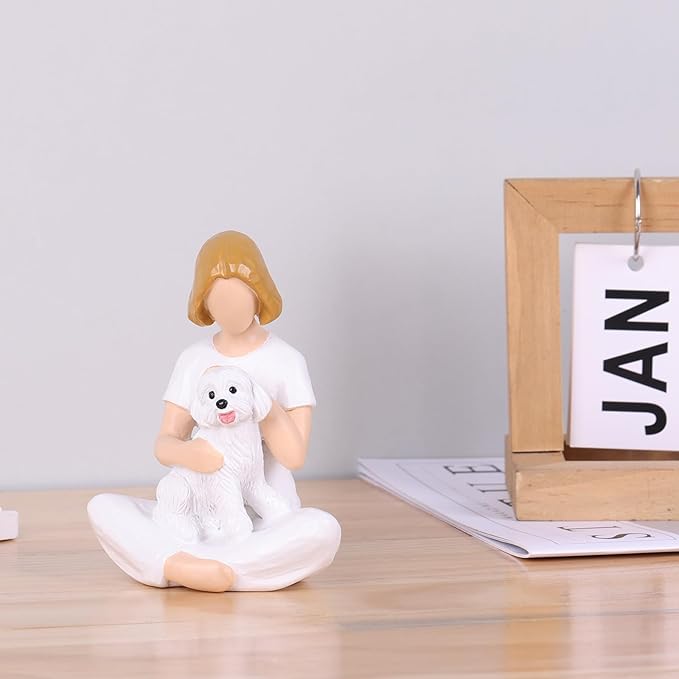 Girl and Dog Figurine Statue – Pet Memorial Gifts for Dog Lovers, Hand-Painted Resin Statue for Tabletop, Shelf, Desk Decor - Sympathy Gift for Birthday, Christmas, Thanksgiving – White