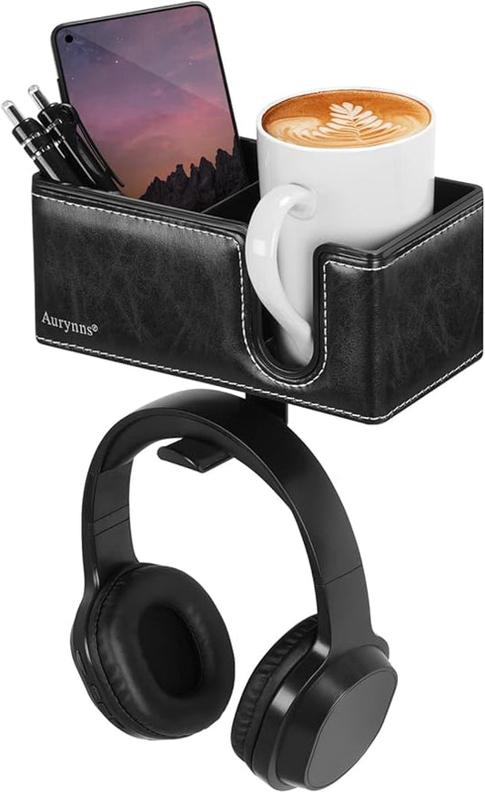 Desk Cup Holder Clip on Pen Holder Headphone Hanger Headset Stand Rotatable Clamp Hook Under Desk (Black)