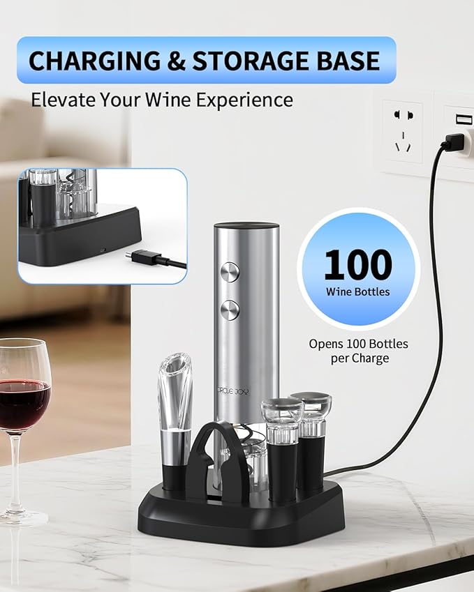 CIRCLE JOY Electric Wine Opener Stainless Steel Rechargeable Automatic Wine Bottle Opener Set 6-in-1 Top Gifts for Wine Lovers with Charging Base, Foil Cutter, Wine Aerator Pourer & 2 Vacuum Stoppers