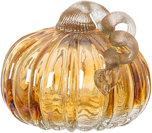 Glitzhome Hand Blown Two-Tone Crackle Glass Pumpkin Elegant Table Accent Amber 4.72 Inch