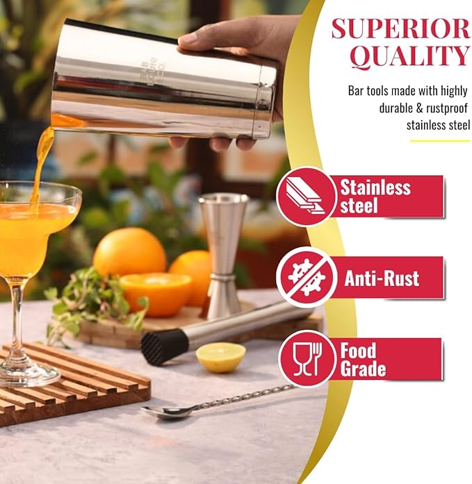 Bab Louie & Co. Bar & Cocktail Set, Ultimate BarKit, Cocktail Shaker Sets for Drink Mix, Set of 6 Stainless Steel & Anti Rust Bar Accessories, BarKit for Gift, Best Gifts for Bartender
